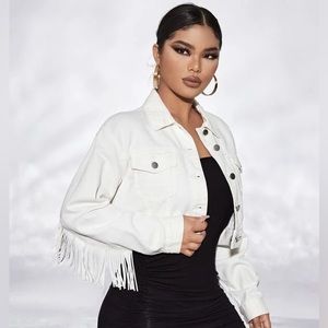 White Fringe Cropped Jean Jacket